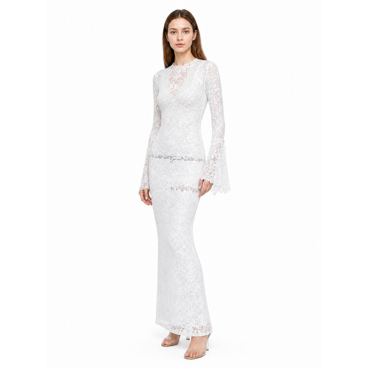 White Long Dress with Lace Pattern and Flared Sleeves Costume Dresses detail