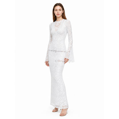 White Long Dress with Lace Pattern and Flared Sleeves Costume Dresses detail