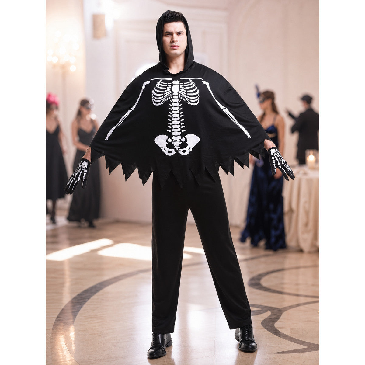 Skeleton Costume with Hood and Gloves for Halloween