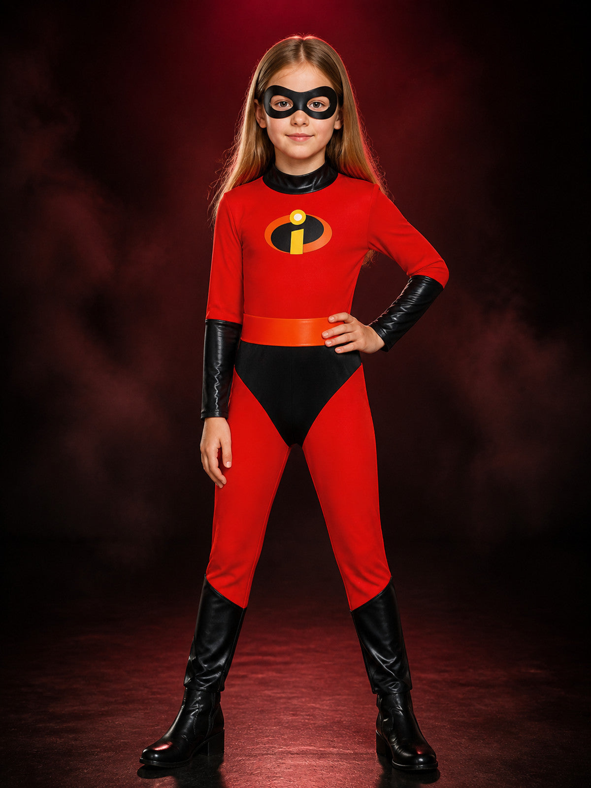 Kids Superhero Bodysuit Costume, Red Long Sleeve One-Piece with Black-Yellow