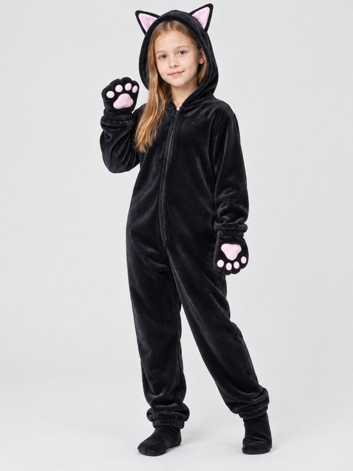 Black Plush Hooded Pajama Jumpsuit with Cat Hood