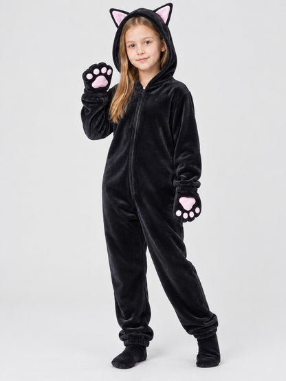 Black Plush Hooded Pajama Jumpsuit with Cat Hood