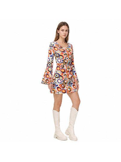 Short Dress with Geometric Print and Flared Sleeves Costume Dresses detail