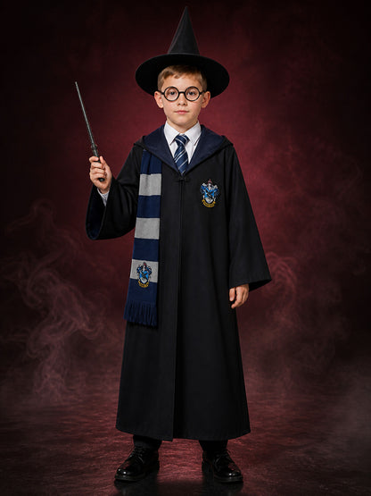 Magic Academy Wizard Costume Set, Hooded Robe with House Crest, Tie, Scarf