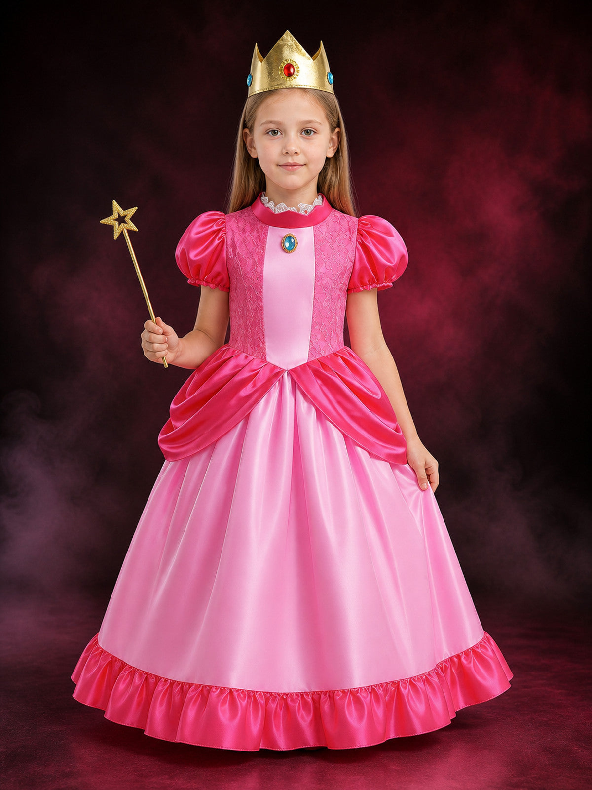 Girls Pink Princess Ball Gown with Crown and Wand, Ruffle Lace Halloween Costume main product view 2