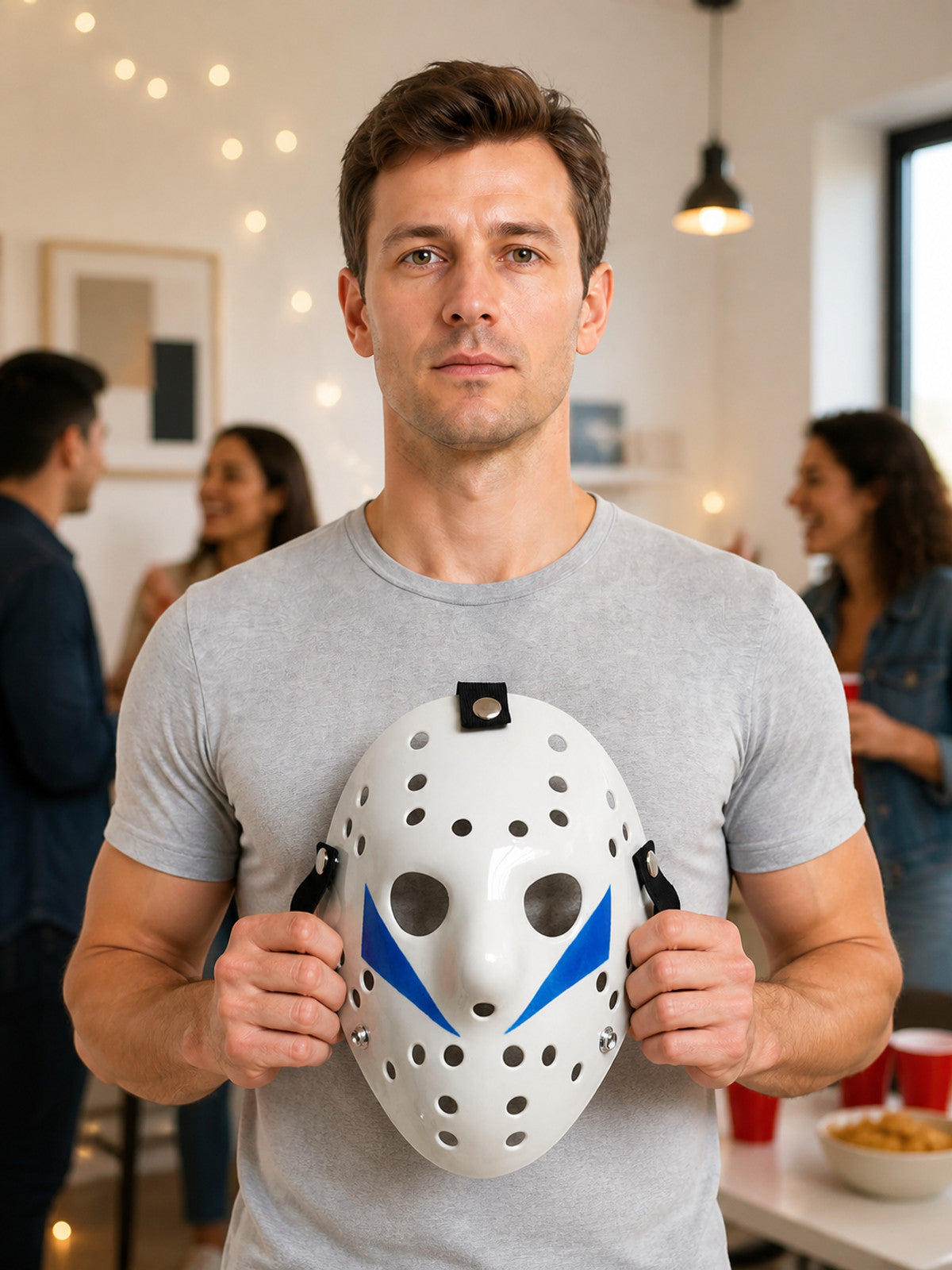 White Hockey-Style Carnival Mask with Blue Stripes lifestyle view