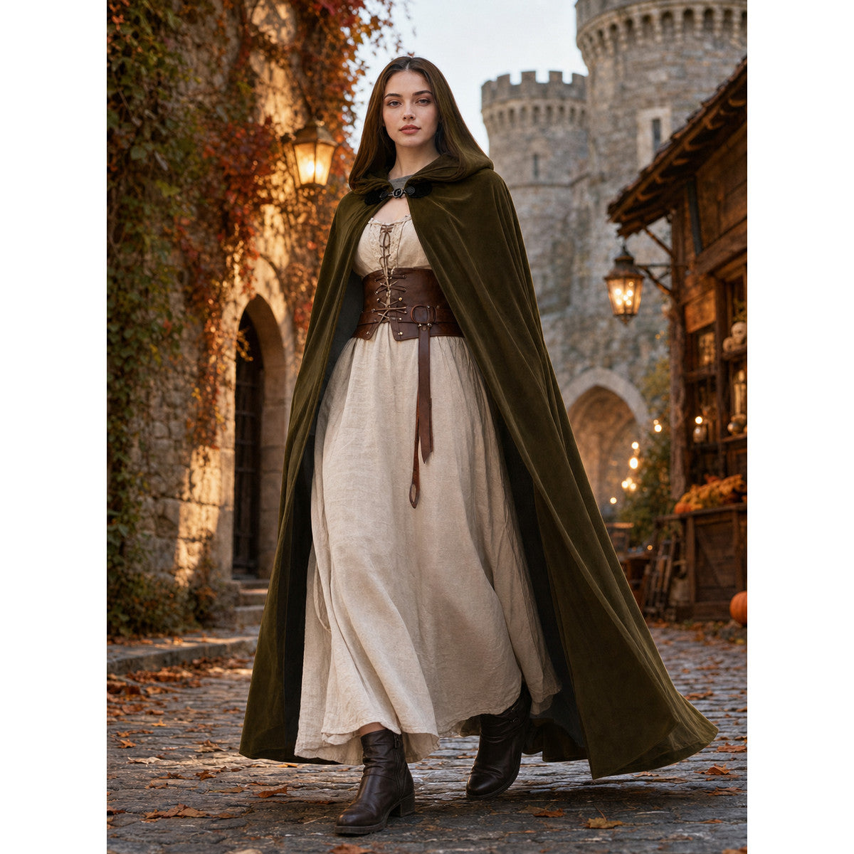 Full-body model walking in a dark brown hooded cloak with a long draped silhouette on a castle street