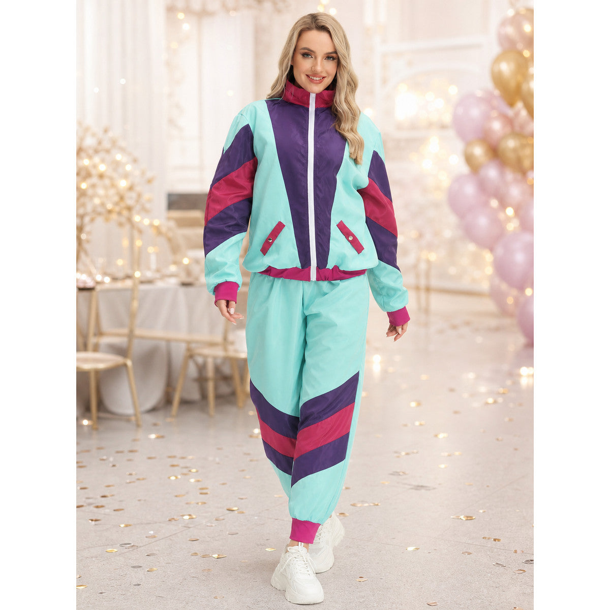 Colorful Jumpsuit with Stand Collar and Zipper