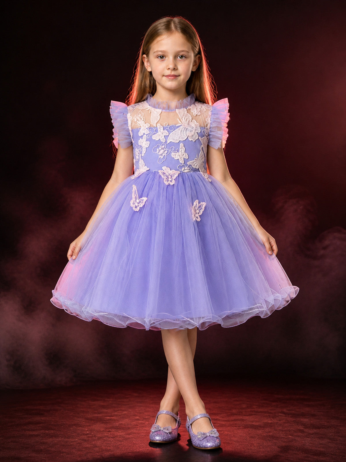 Baby Girls' Purple Princess Tutu Dress with Lace Bows and Layered Tulle Skirt main product view