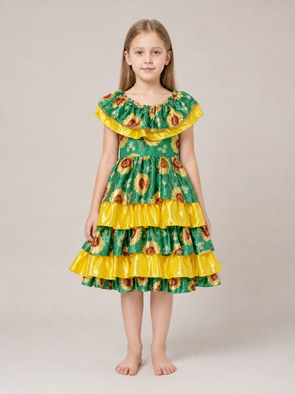 Tiered Girls' Dress with Ruffles and Flowers