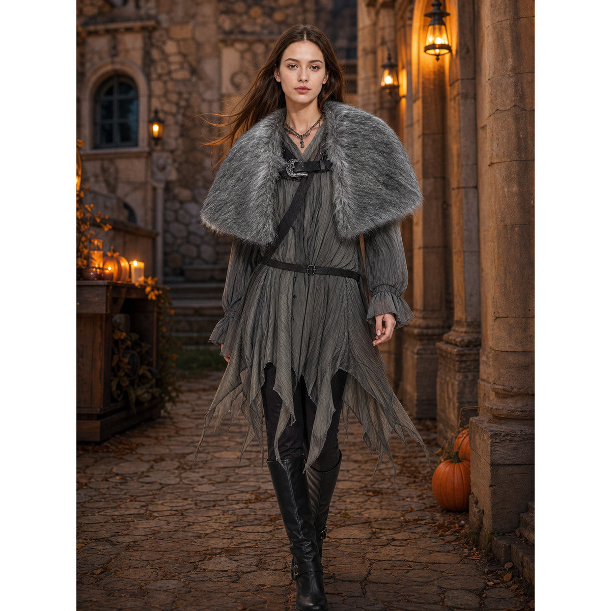 Dark Gray Open Front Shawl With Wide Shoulder Coverage, Irregular Plush-Textured Edge And Decorative Metal Buckle