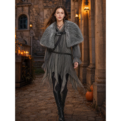 Dark Gray Open Front Shawl With Wide Shoulder Coverage, Irregular Plush-Textured Edge And Decorative Metal Buckle