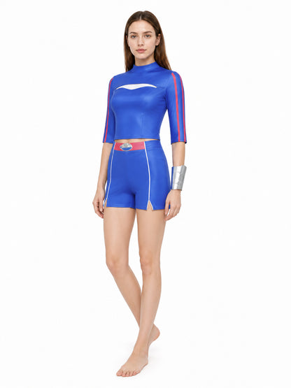 Cosplay costume with long sleeves, shorts, and arm guards