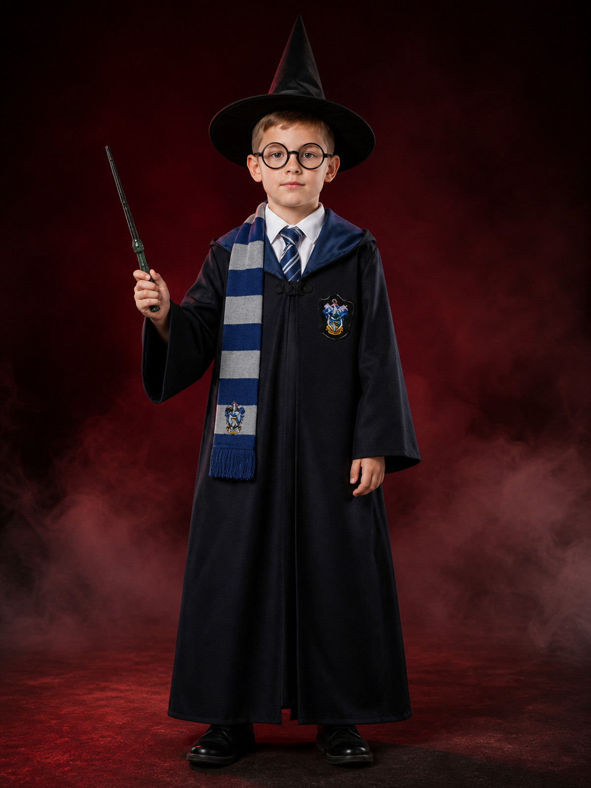 Long Black Wizard Robe Costume Set with Academy Badge, Striped Tie, Scarf main product view
