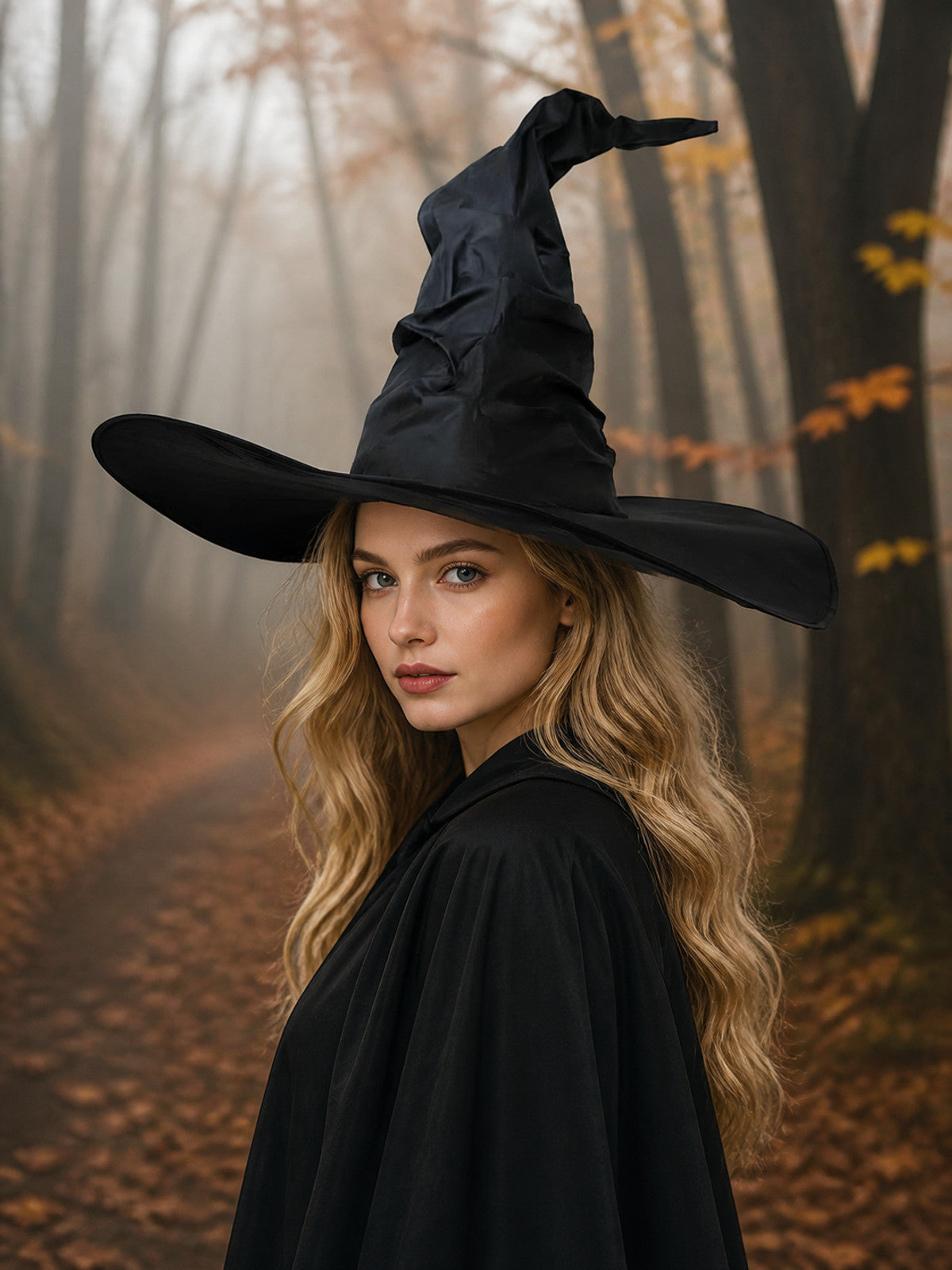 Black Halloween Witch Hat Wide Brim Pointed Wizard Hat Ruched Asymmetrical Brim