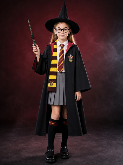 Kids Wizard Costume Set With Hooded Robe, Hat, Glasses, Wand, Scarf And Tie