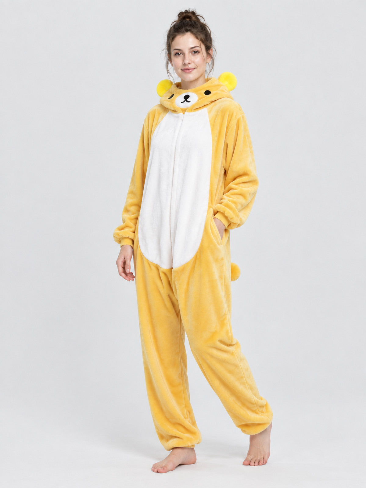 Yellow Flannel Hooded Pajama Jumpsuit with Ears