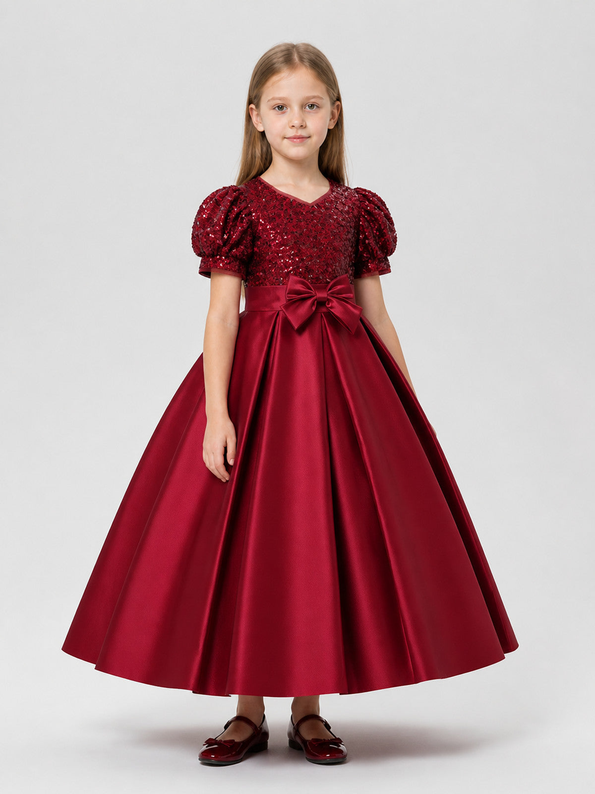 Burgundy Sequin Princess Dress for Girls, Floor-Length Costume Dresses detail
