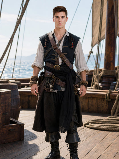 Full-body pirate costume shown on a model aboard a ship, with a black vest, cream shirt, belts, sash, trousers, and boots