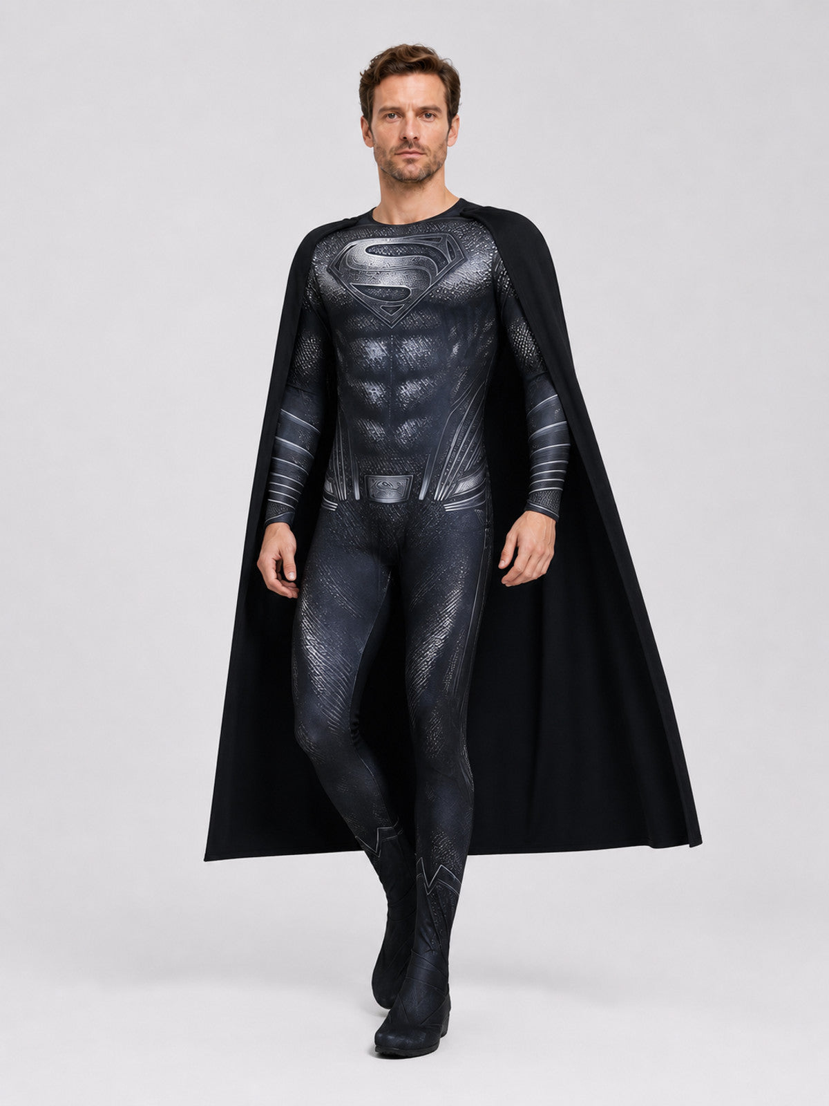 Black Superman Jumpsuit with Cape and S Emblem