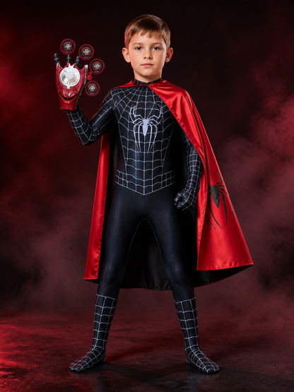 Black Spider-Man Kids' Jumpsuit Costume With Mask, Cape And Web Shooter main product view