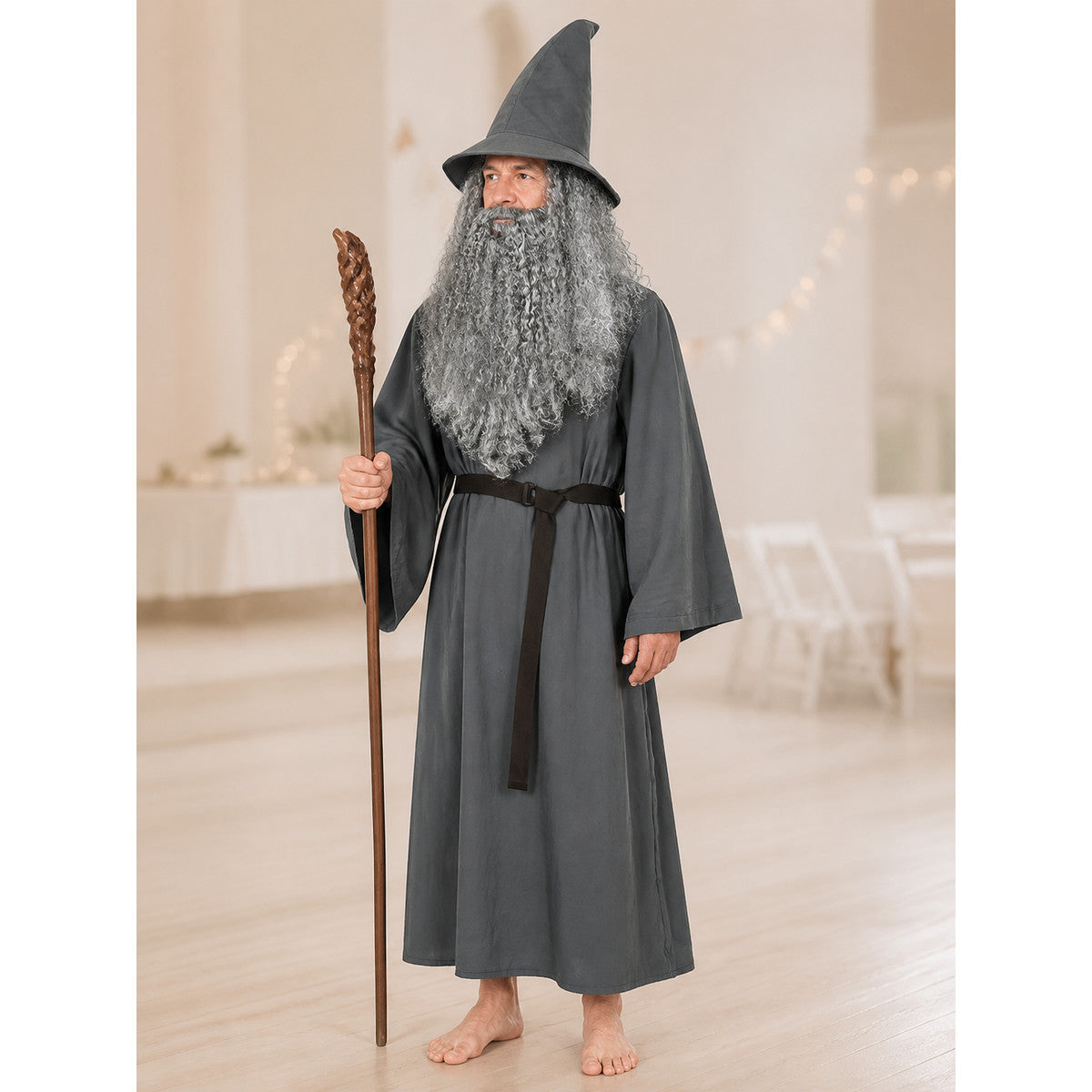 Adult Halloween Wizard Costume Set - 5Pcs Long Sleeve Robe, Curved Hat, Belt lifestyle view 2