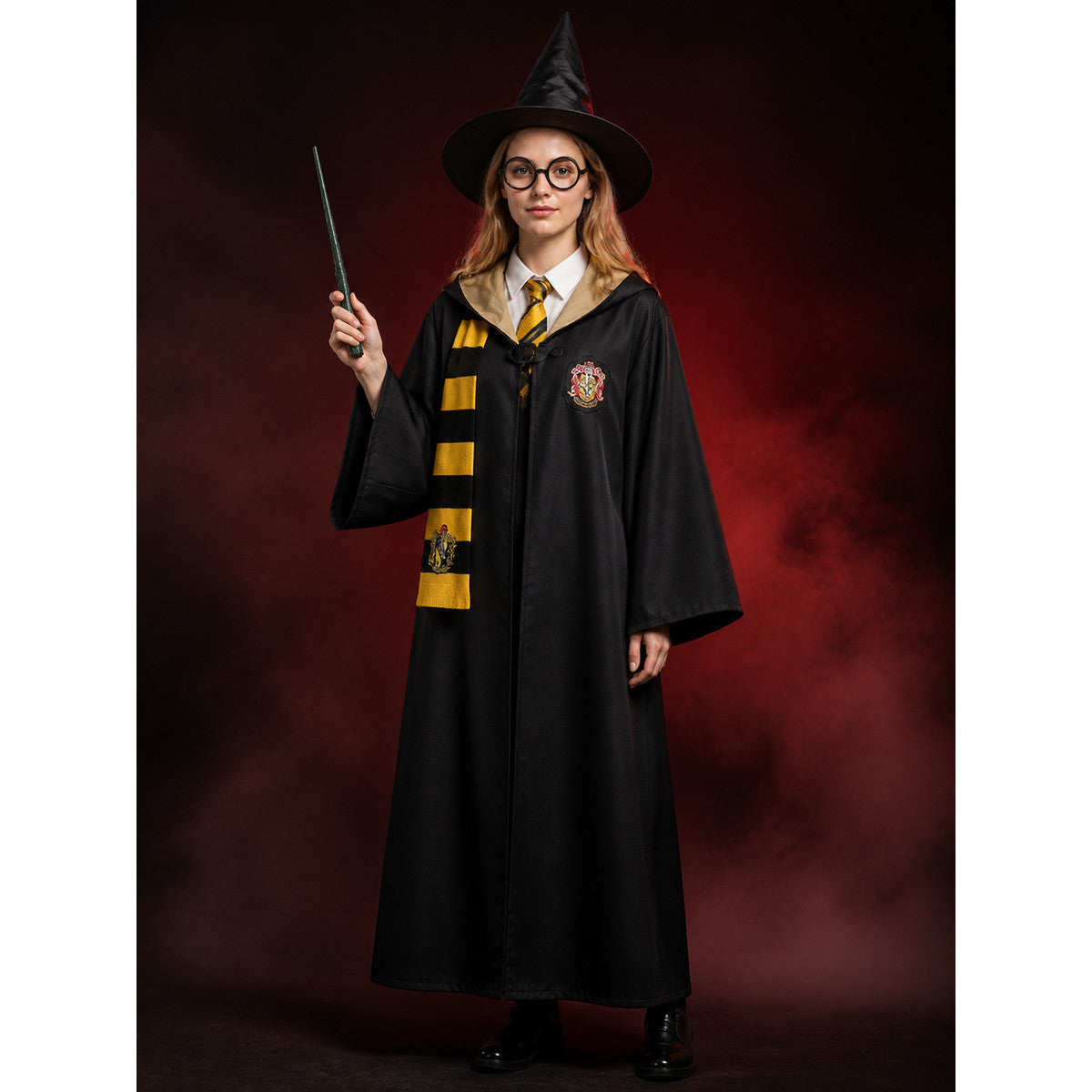 Black and Gold Wizard Costume Set with Hooded Robe, Shirt, Tie, Scarf, Glasses main product view