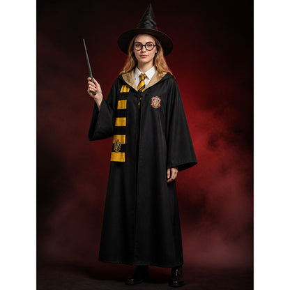 Black and Gold Wizard Costume Set with Hooded Robe, Shirt, Tie, Scarf, Glasses main product view