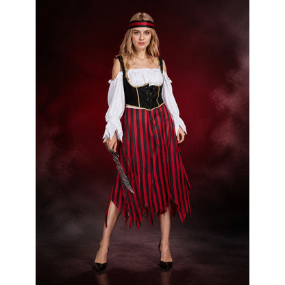 Women's Pirate Costume Set, Red Black Striped Dress with Gold Trim, Halloween main product view