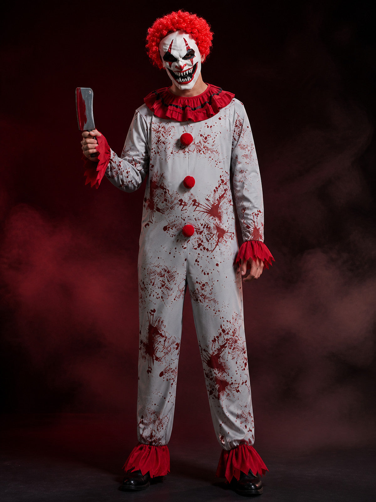 Scary Clown Bodysuit Costume with Blood Stains, Mask and Accessories for main product view