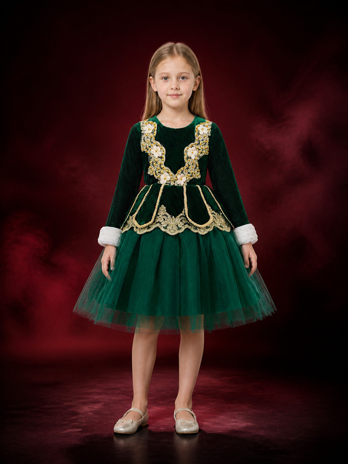 Girls' Dark Green Princess Party Dress, Long Sleeve Embroidered Tulle Skirt main product view