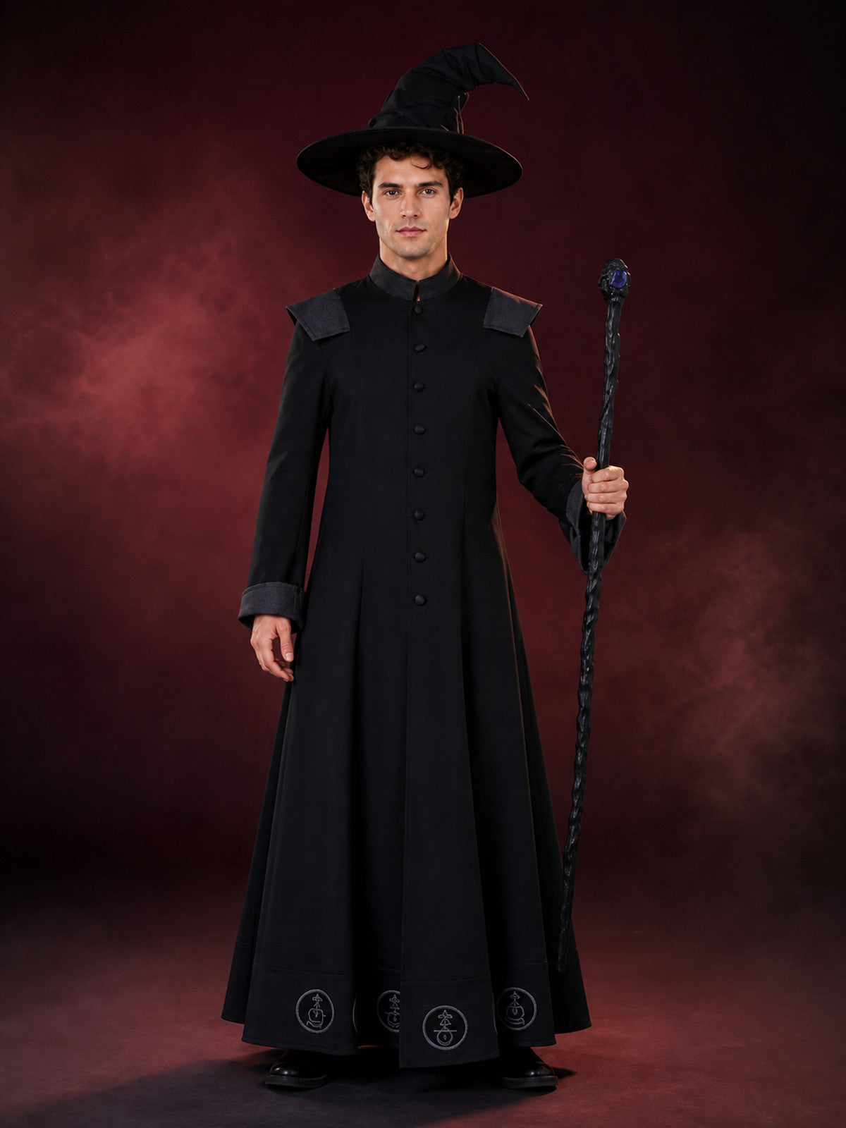 Black Witch Robe Costume Set with Pointed Wide-Brim Hat and Printed Magic main product view