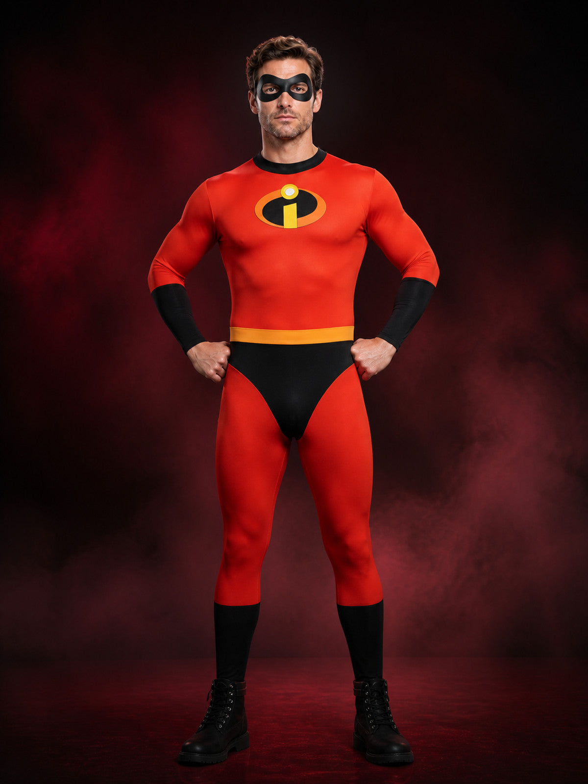 Kids Superhero Costume Jumpsuit - Red Black Bodysuit with Eye Mask and Yellow main product view