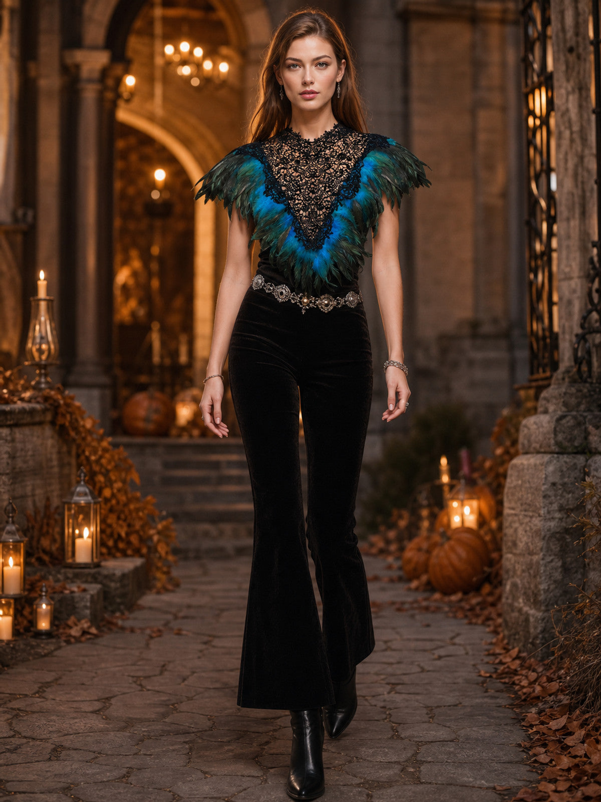 Close full-body view of a teal and black feather cape with a black lace triangle panel on a model