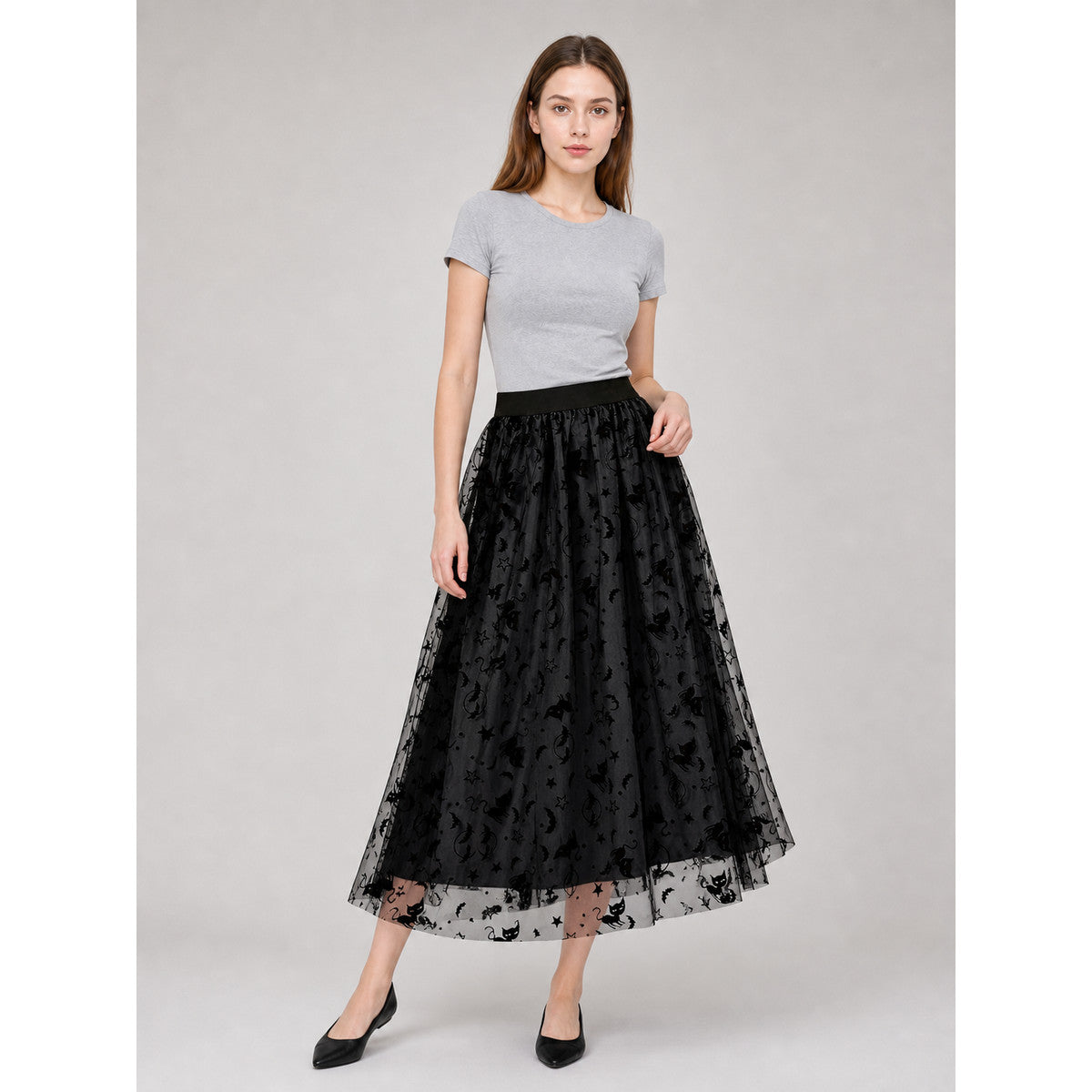 Black mesh midi skirt with bats lifestyle