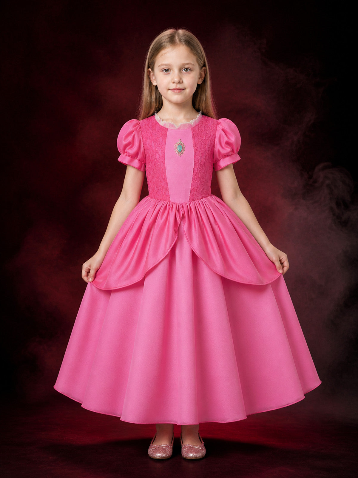 Girls Pink Princess Costume Dress With Lace Collar And Layered Skirt