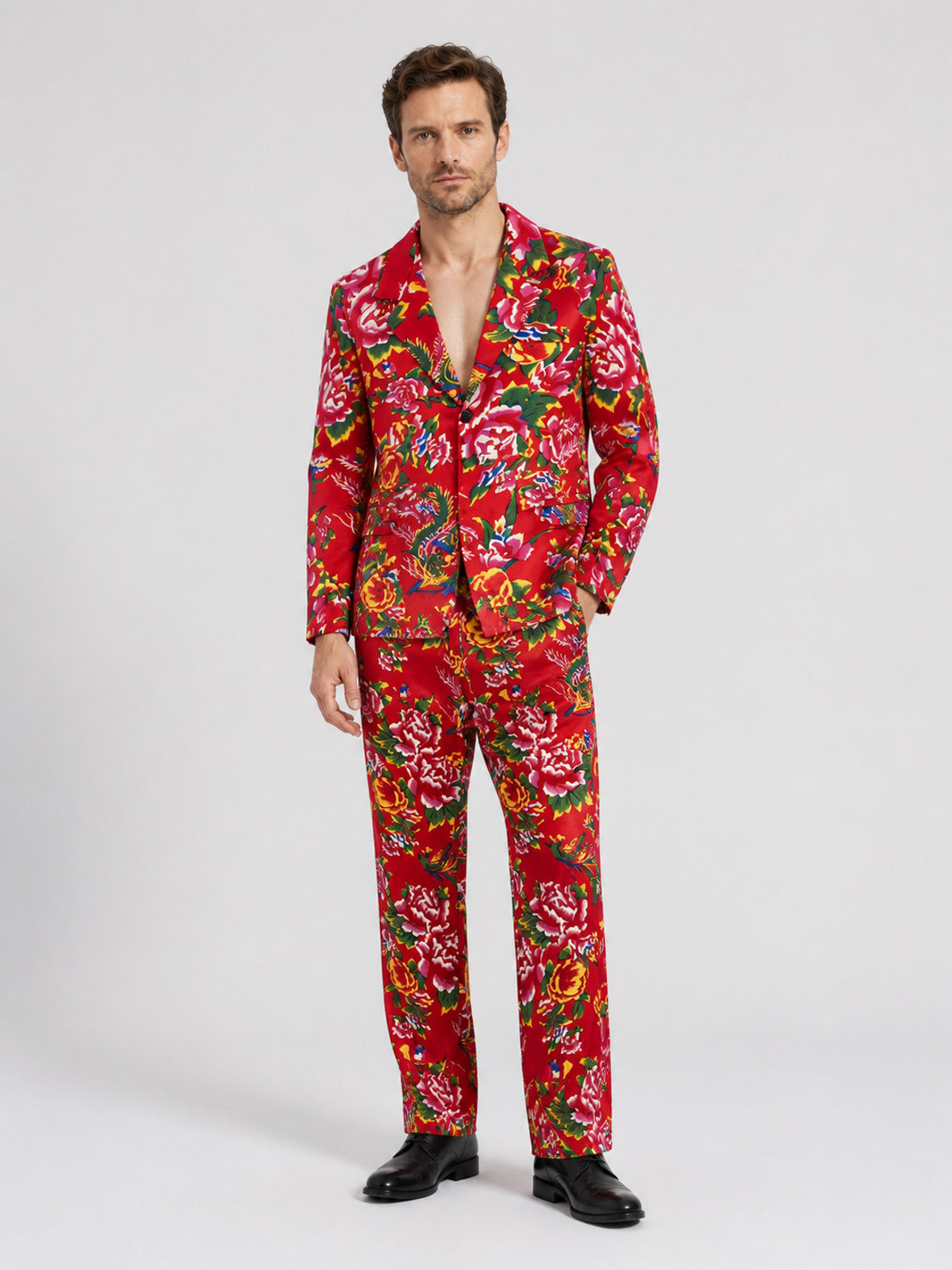 Two-Piece Suit with Blazer and Pants, Red Floral Print product detail