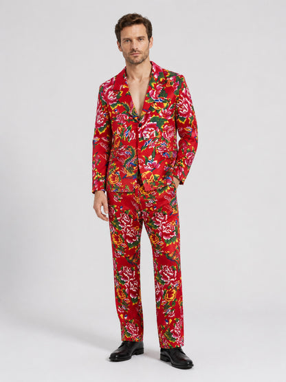 Two-Piece Suit with Blazer and Pants, Red Floral Print product detail