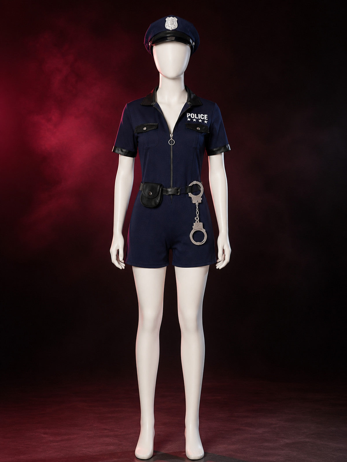 Women's Police Costume Set, Short-Sleeve Jumpsuit with Hat, Belt, Waist Bag and main product view