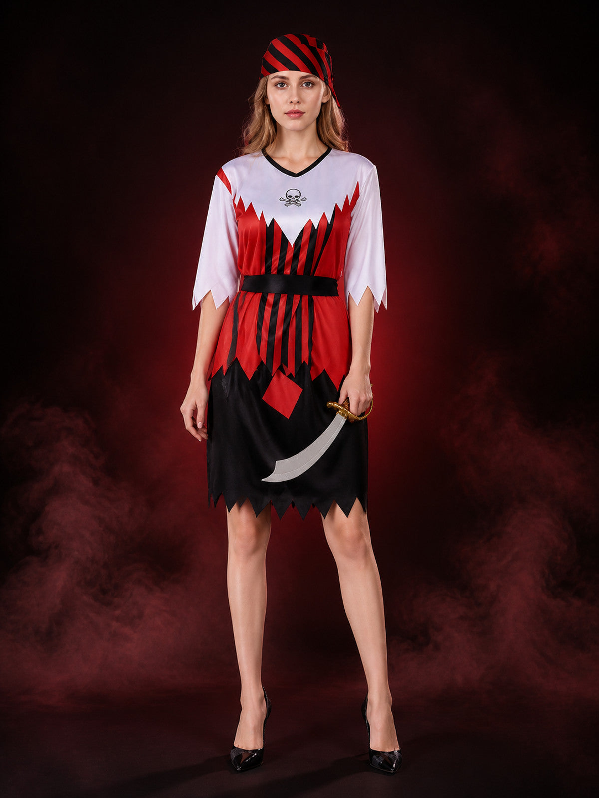 Unisex Adult Pirate Costume Set with Skull Print Top, Jagged Hem Skirt, Red