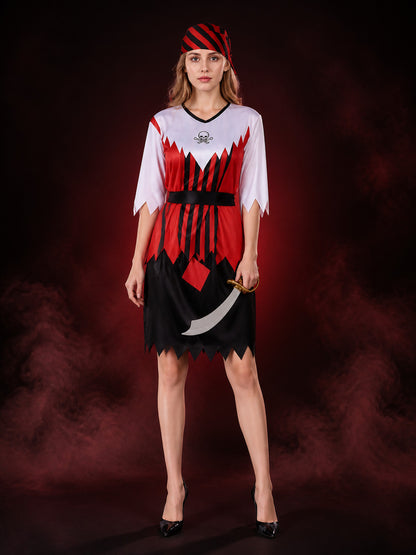 Unisex Adult Pirate Costume Set with Skull Print Top, Jagged Hem Skirt, Red
