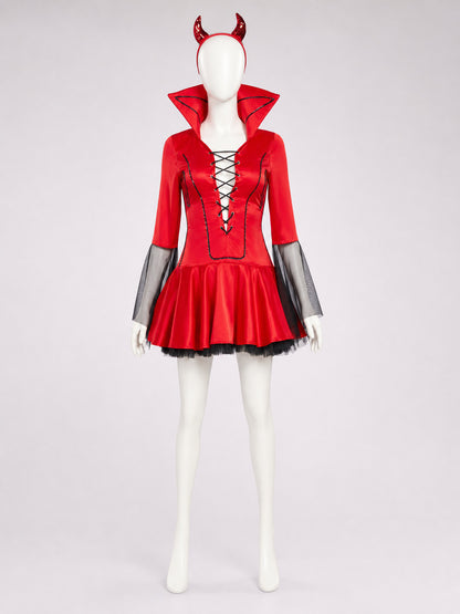 Vampire Costume with Horns and Trident, Red and Black