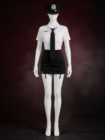 Women's Police Officer Costume Set, White Short Sleeve Uniform with Black Skirt