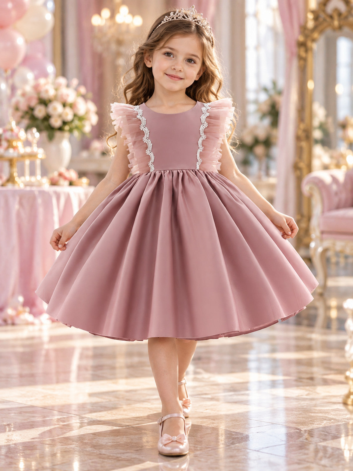 Dusty Pink Dress with a Full Skirt, Bow, and Ruffles