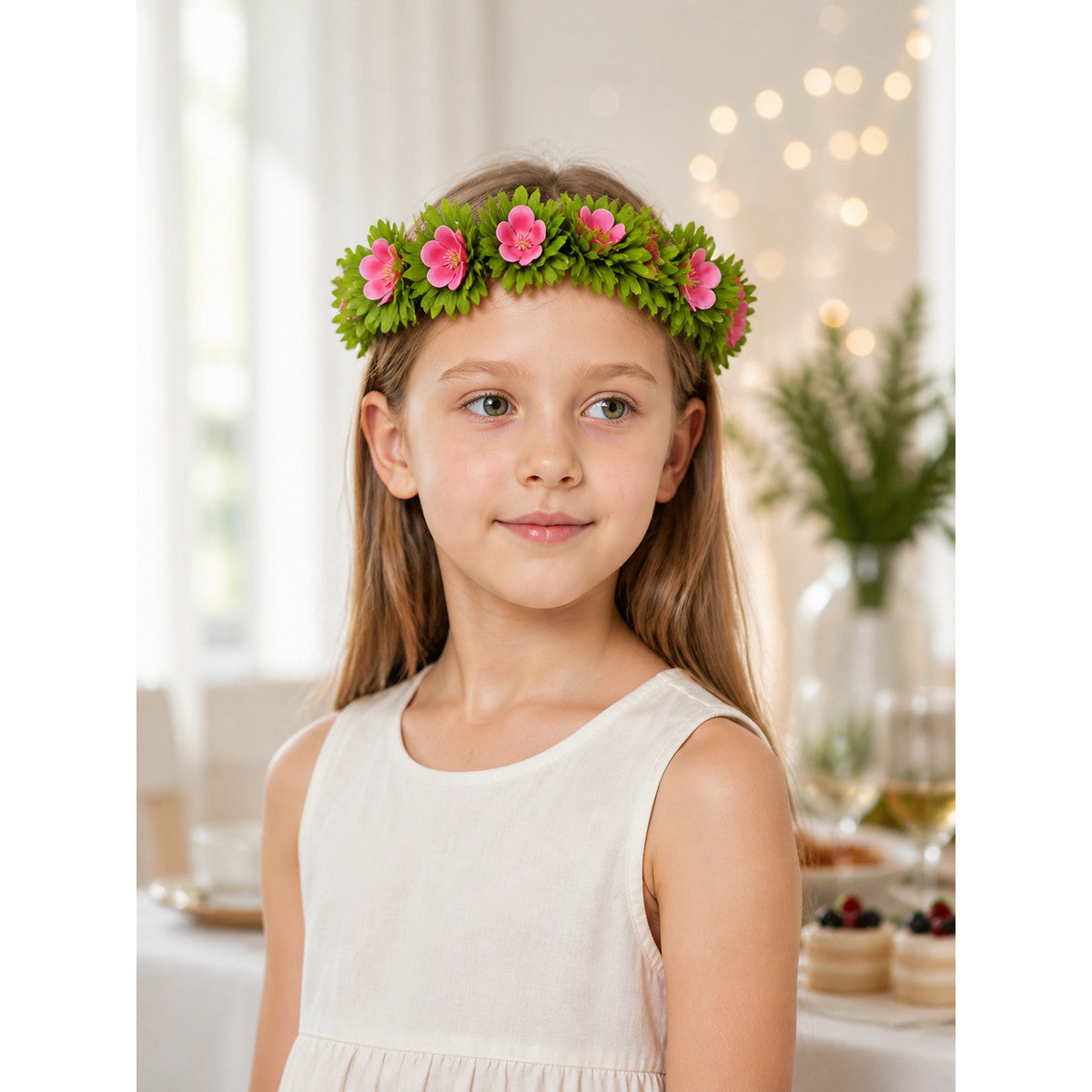 Carnival Headband with Pink Flowers and Green Leaves lifestyle view