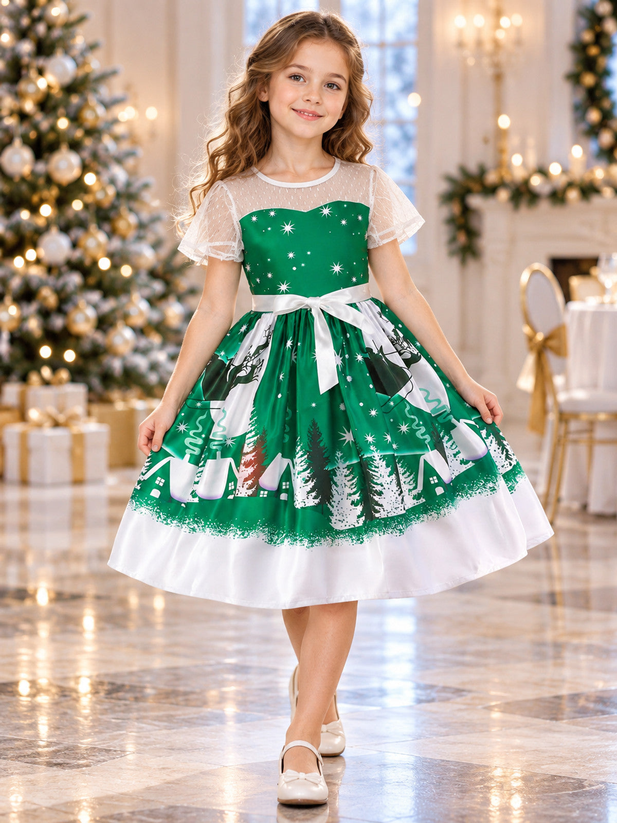 Festive Children's Dress with Winter Print lifestyle view