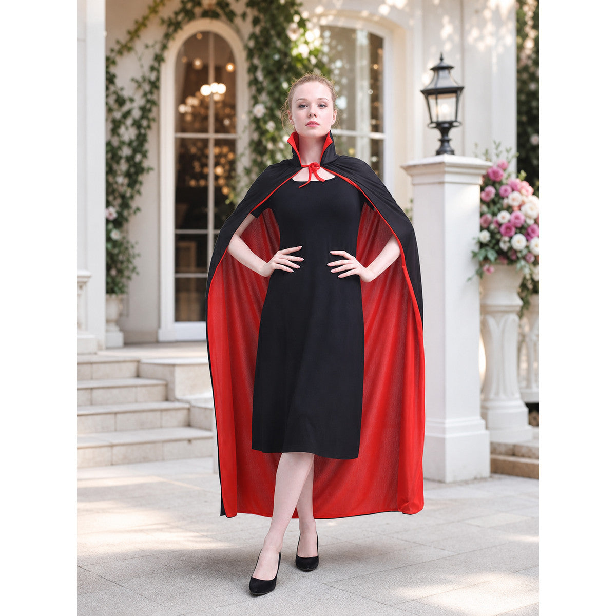 Black and red two-layer cape with collar lifestyle view