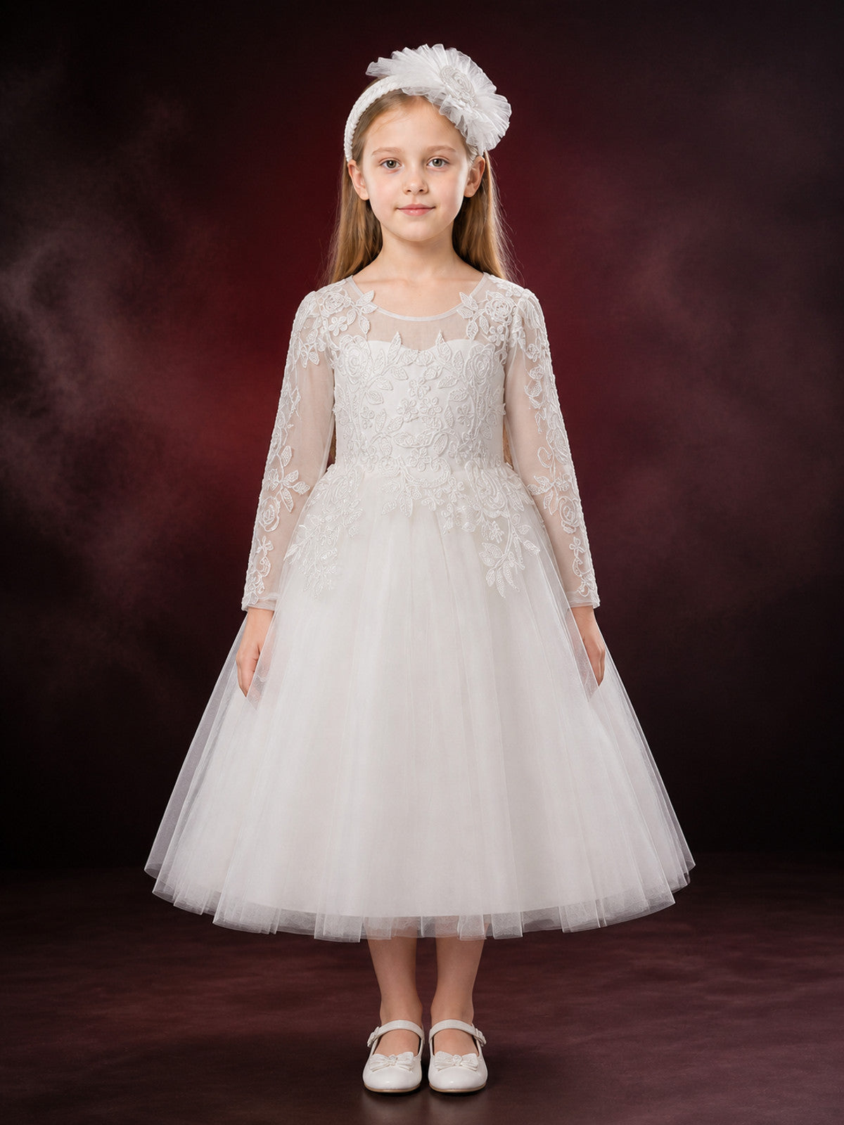 Girls' White Princess Dress, Long Sleeve Lace Embroidered Layered Tulle Gown main product view