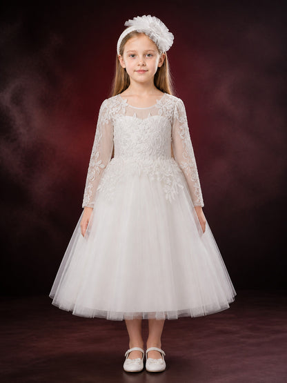 Girls' White Princess Dress, Long Sleeve Lace Embroidered Layered Tulle Gown main product view