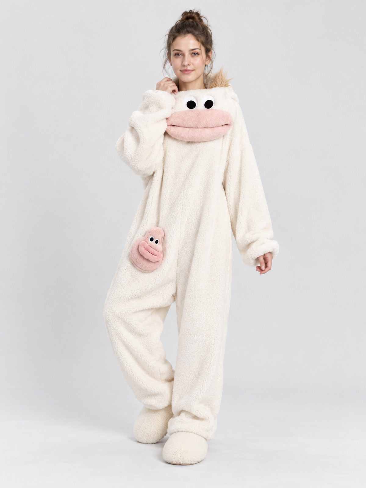 White Insulated Pajama Jumpsuit with Cartoon Design